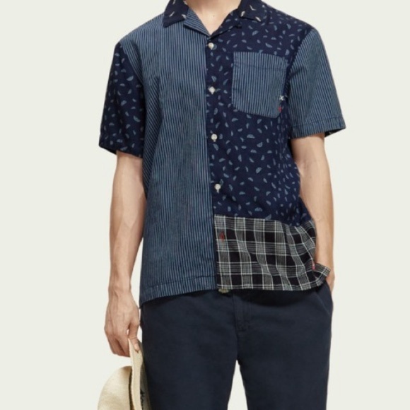 NWT Scotch & Soda Indigo Paisley Patch Linen Blend Button Up Large